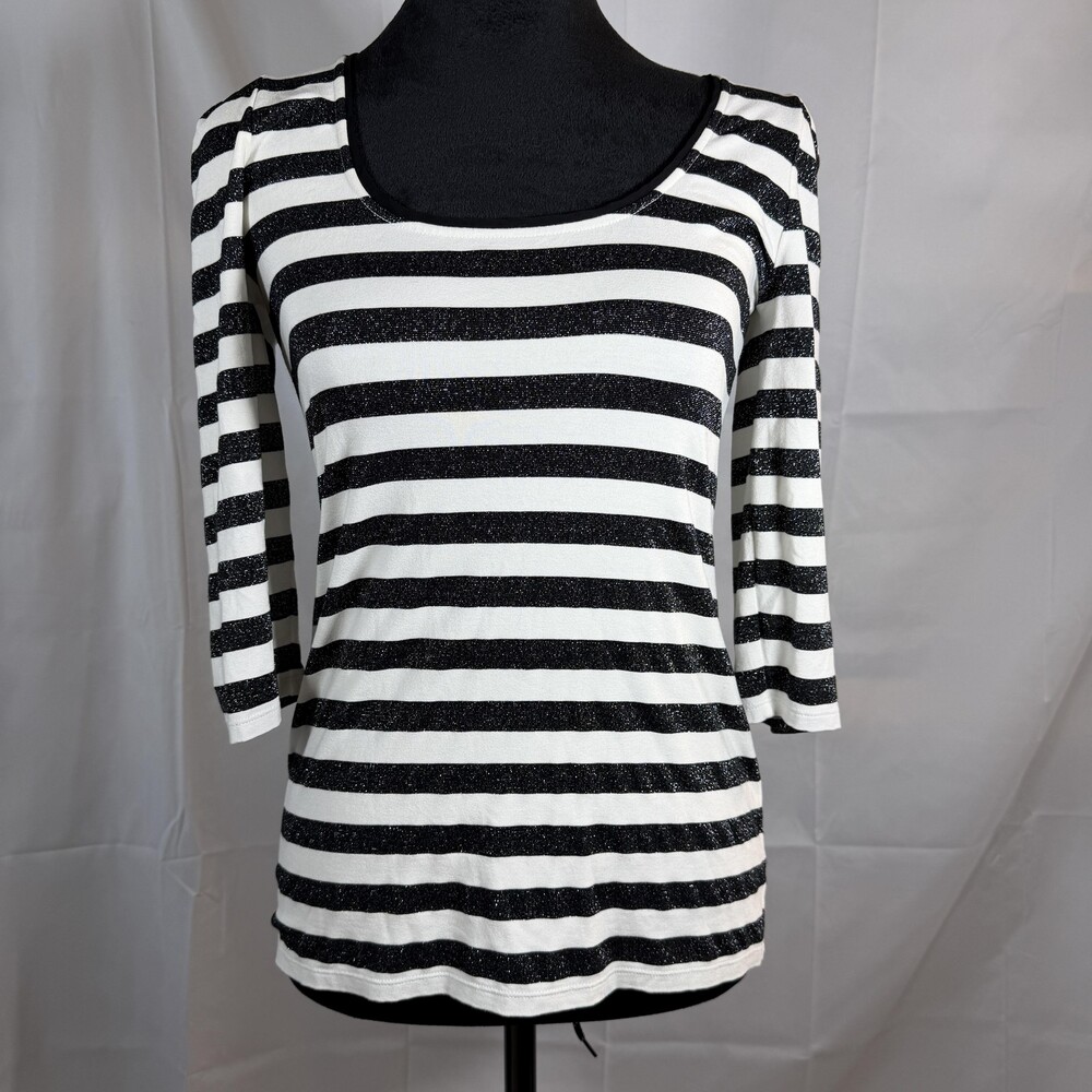 White House Black Market Shirt Womens XS Black White Striped Glitter 3/4 Sleeve
